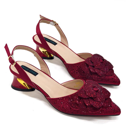 Evening Shoes and Bags Set with Full Diamond Handmade Petal Clutches Pointed Toe Peach Color Mid-Heel Women Shoes