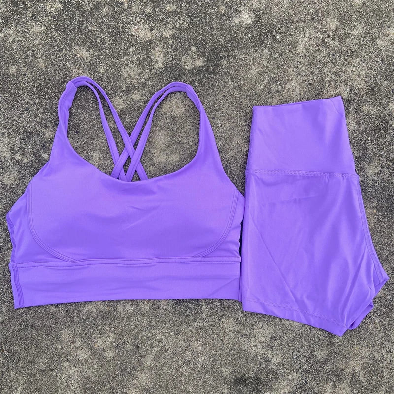 Yoga Shorts Set Gym Sports Set Women Workout Clothes 2 Piece Fitness Suit Cross Straps Bra High Waist Shorts Running Tracksuit