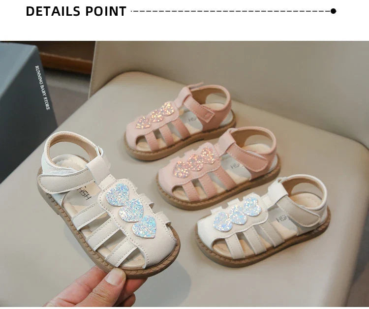 Kid Shoes Children Sandals Bling Heart-shape Summer Girl Princess Shoe Flat Heel Sandals Children Girls Performance Shoes I03022