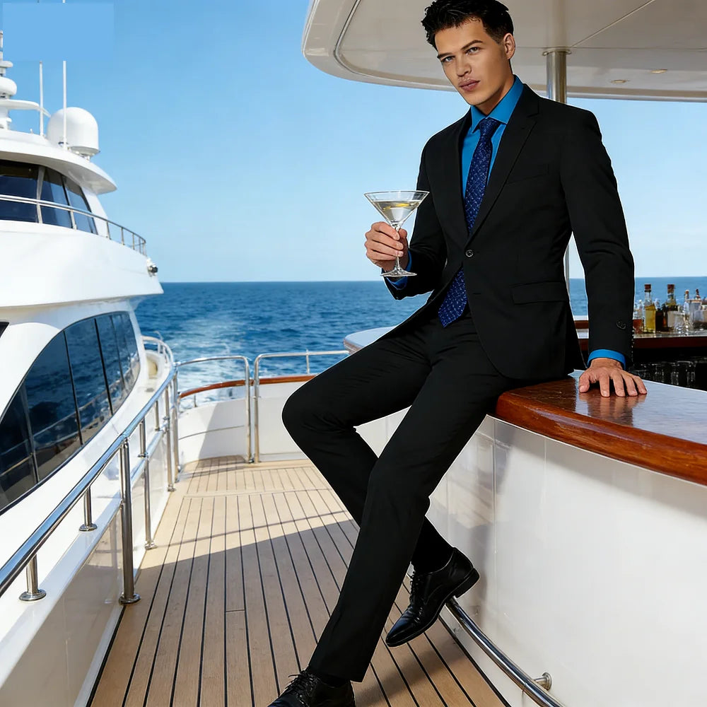Men's 2-Piece Slim Fit Suit Set Breathable Polyester Wedding Groomsmen Formal Suit with Black Tie Option
