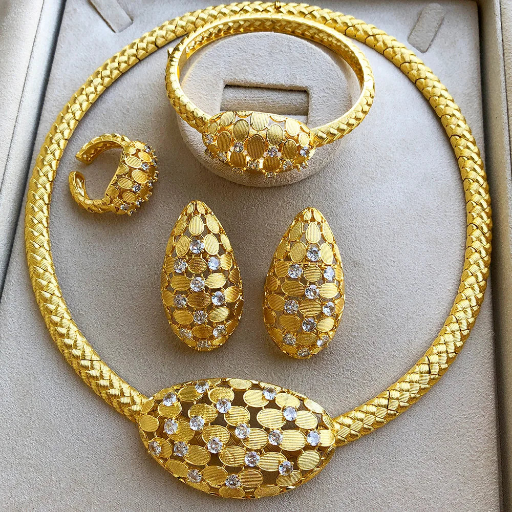Luxury FLower Floral 4PCS DUBAI Jewelry Sets For Women Wedding Cubic Zircon Crystal CZ Indian African Bridal Jewelry Sets