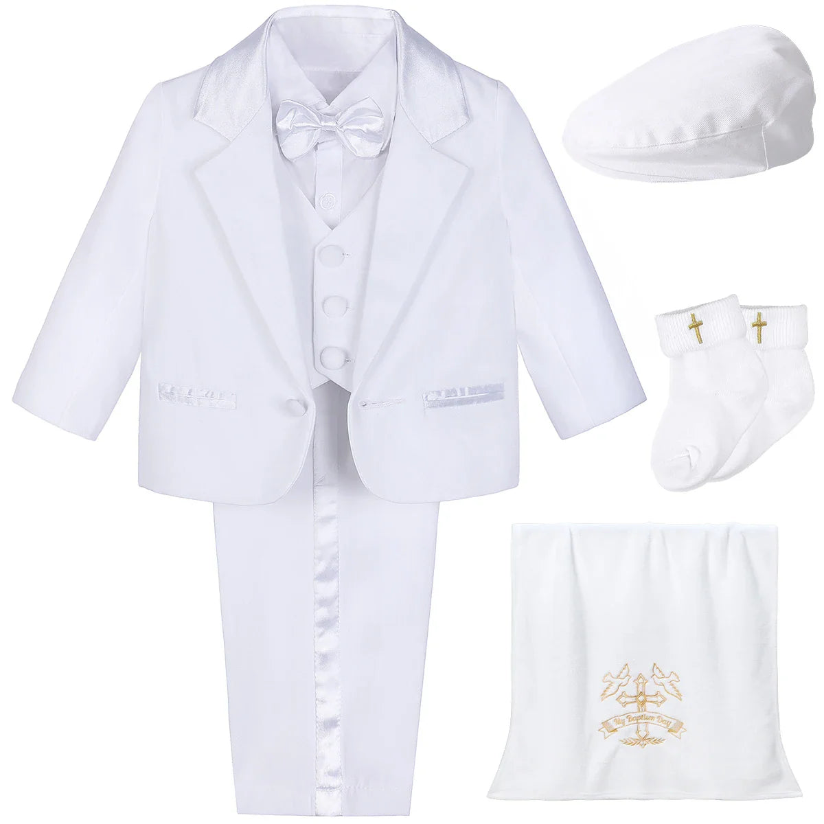Baby Boy Baptism Outfit Infant White Christening Suit with Hat Toddler Wedding Birthday Party Clothing Long Sleeved Tuxedo 5PCS