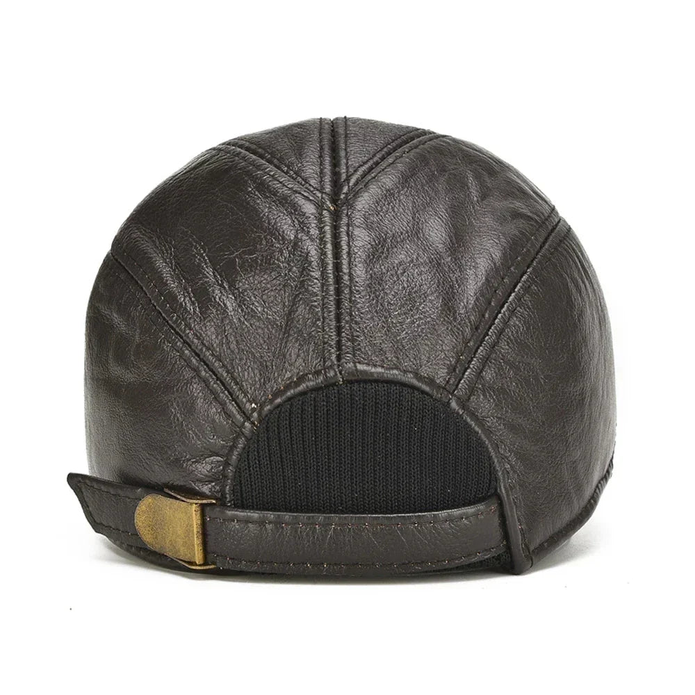Casual Real Leather Earflap Cap Men's Real Cowhide Leather Caps Male Fall Winter Genuine Real Cow Leather Baseball Hats