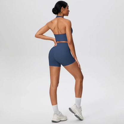 2picese Women Yoga Suit Solid Color High Waist Hip Push Up Fitness Shorts Sexy Pilates Backless Gym Hanging Neck Bra Yoga Set