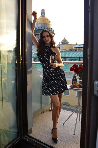 Polka Dot Printed Mini Halter Dress Backless Sleeveless A Line Short Robes Casual Party Vestidos 2025 New Slim Fit Lady Dresses