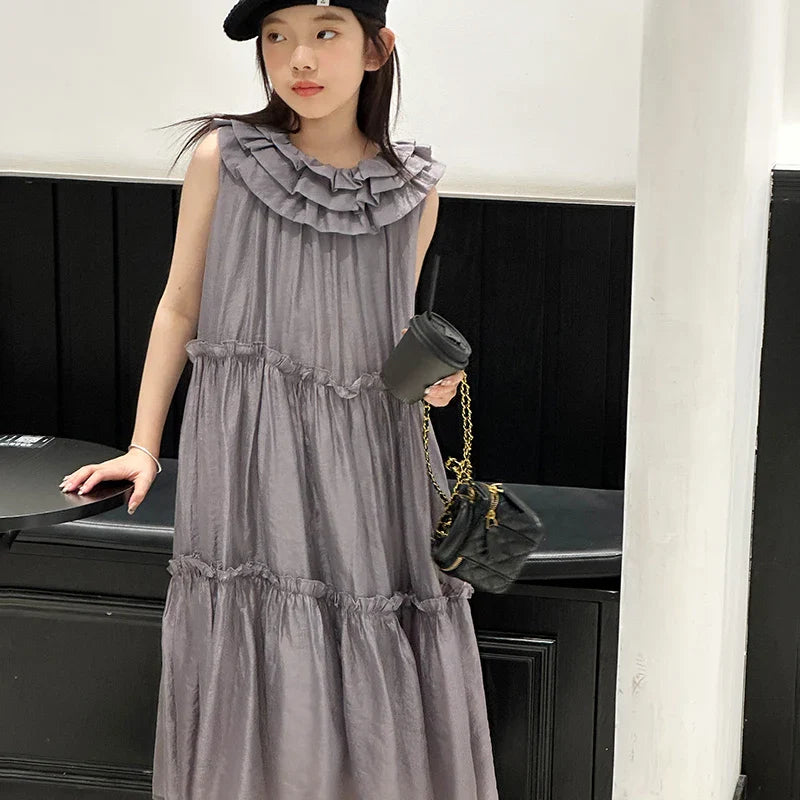 Vestido infantil feminino vestido de verão infantil vestido estilo coreano vestido de princesa vestido de verão doce sem mangas para crianças grandes