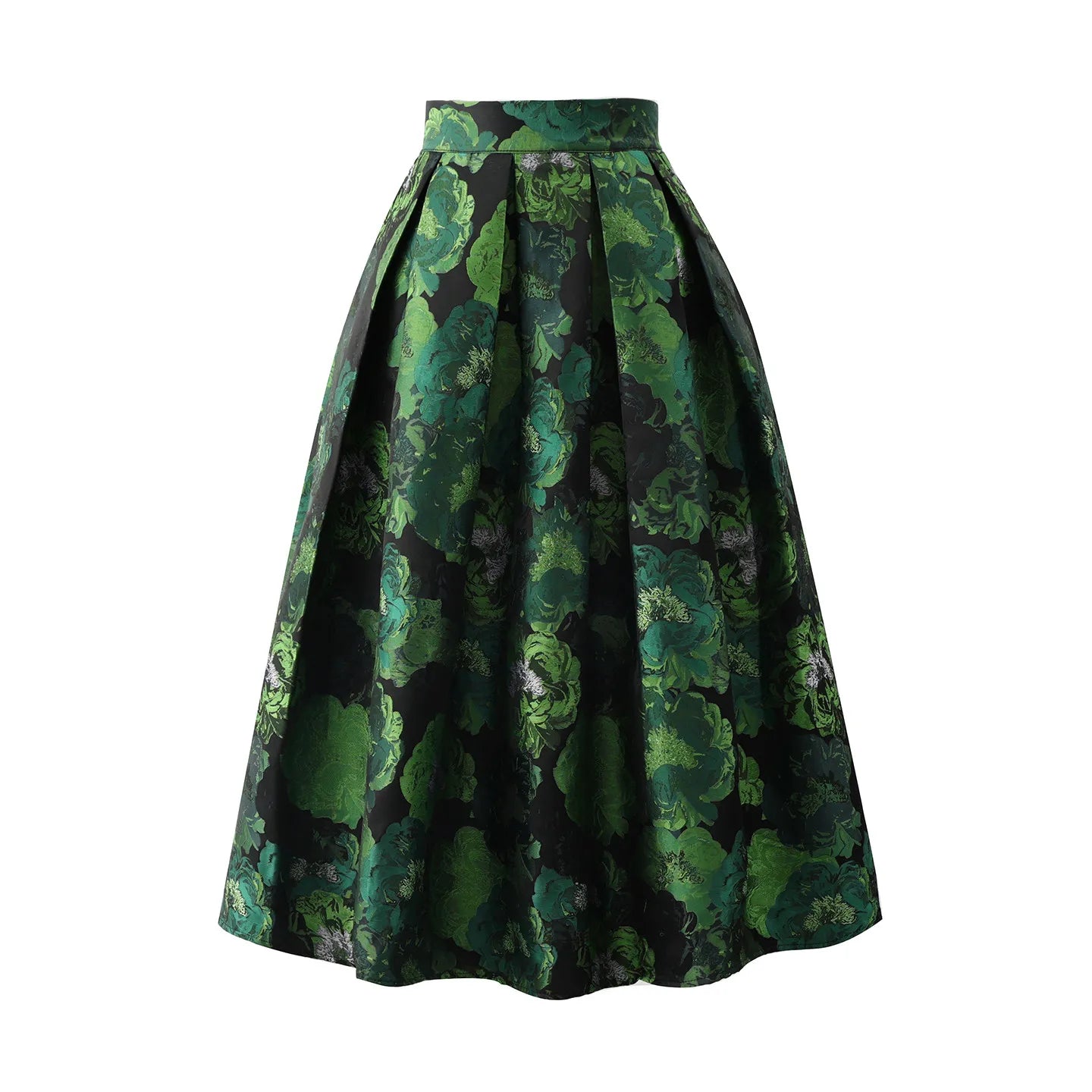 High Quality Elegant Lady Hepburn Style Mid-long Puff Skirt All-match Spring Autumn High Waist Green Jacquard Women A-line Skirt
