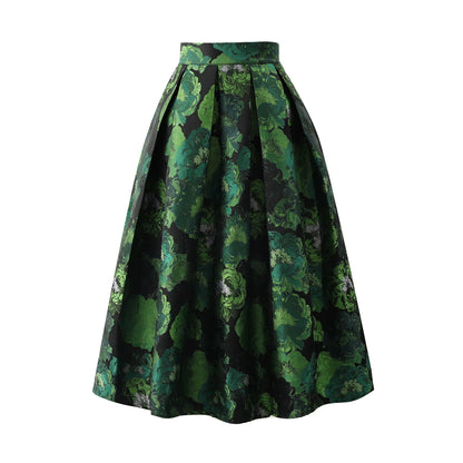 High Quality Elegant Lady Hepburn Style Mid-long Puff Skirt All-match Spring Autumn High Waist Green Jacquard Women A-line Skirt