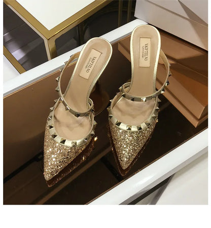 2025 New Genuine Leather Gladiator Pumps Sandals Luxury Metal Rivets Summer Women Outdoor Slippers Black Fashion High Heels 41