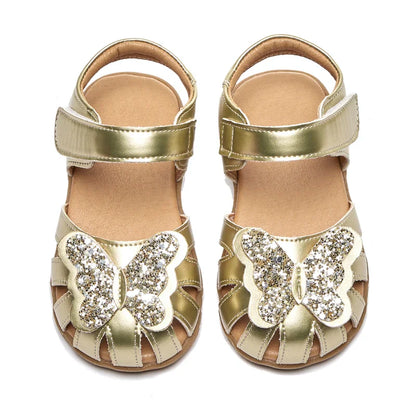 Leather sparkling butterfly Girls flat Sandals closed toe little kids girls summer shoes