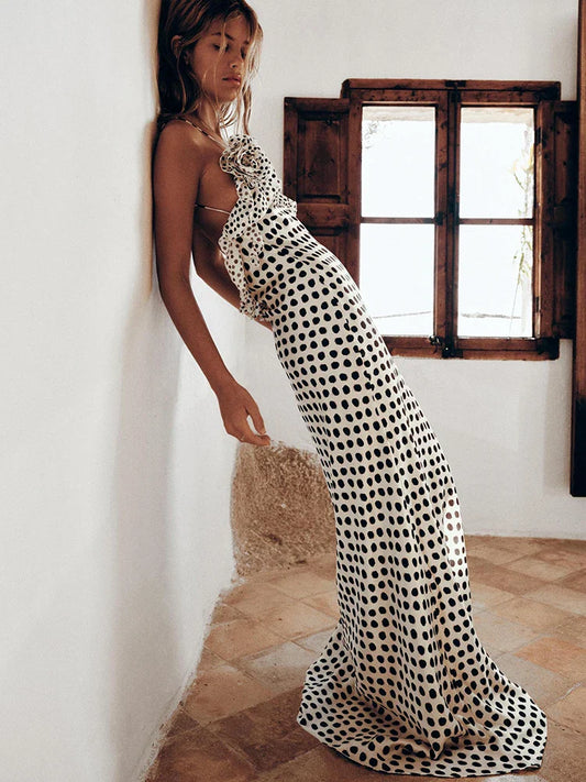 Backless  Print Dots Flower Women Maxi Dress Spaghetti Strap Evening Dress Autumn Skinny Elegant Party Clubwear