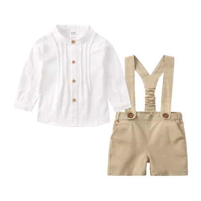 Baby Boy Gentleman Outfits Infant Cotton Linen Stand Collar Short Sleeve Shirts+Suspender Shorts Little Kid Overalls Clothes Set