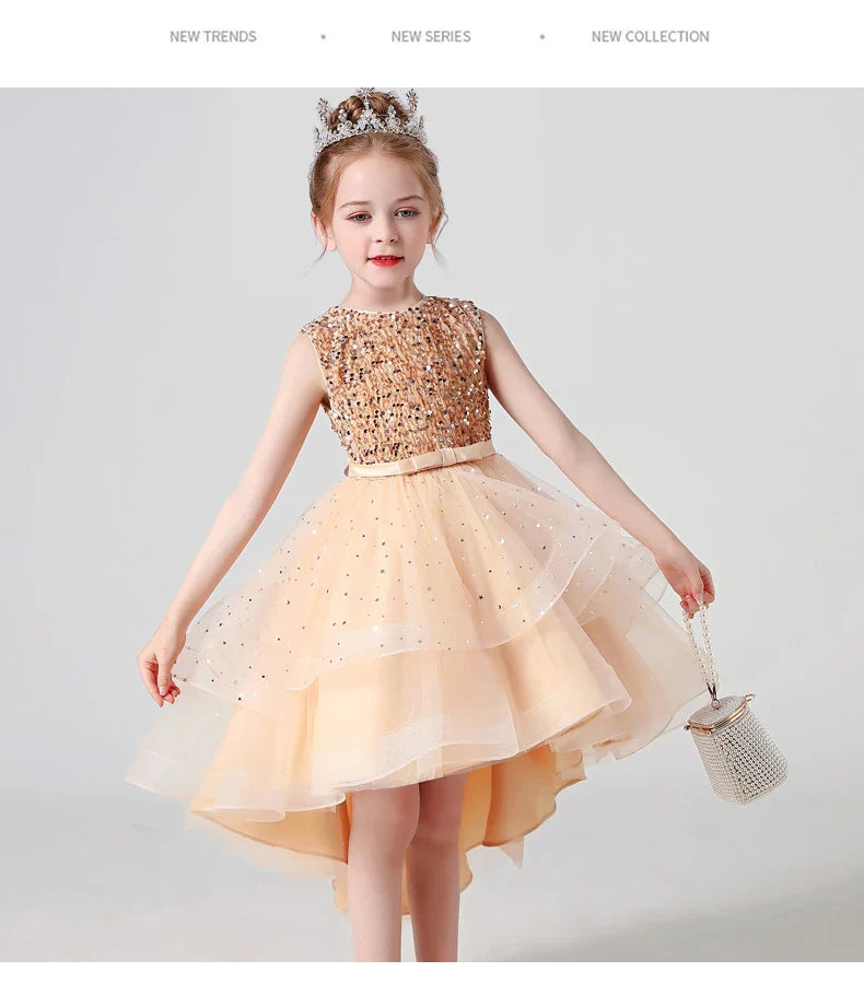Summer Sequin Lace Tuxedo Wedding Dress for girls 3-13 years old Sleeveless fluffy Mesh gauze Doveark brand