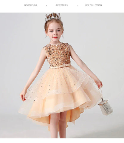 Summer Sequin Lace Tuxedo Wedding Dress for girls 3-13 years old Sleeveless fluffy Mesh gauze Doveark brand