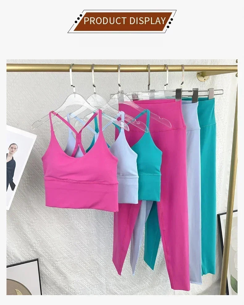 2 Piece Yoga Set Sportswear Fitness Suits Sexy Cross back Yoga Tops Elasticity High Waist Leggings Running Sports Clothing