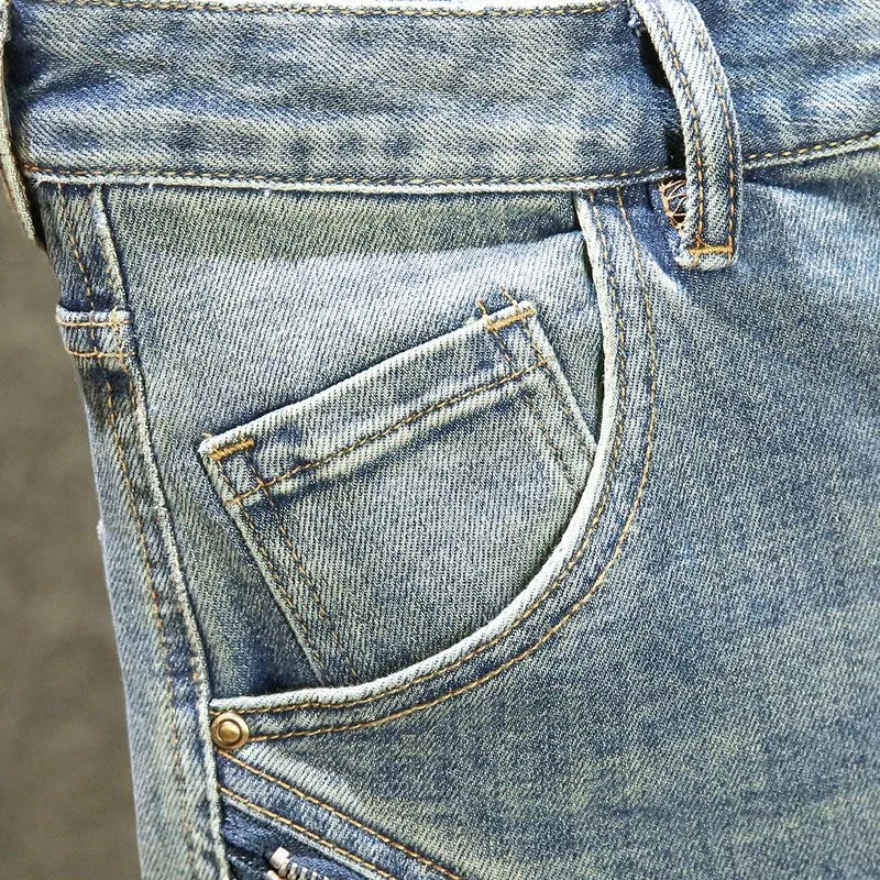 2024 Spring and Autumn New Fashion Blue Patchwork Denim Pants Men's Casual Slim Comfortable Breathable High-Quality Jeans 28-36