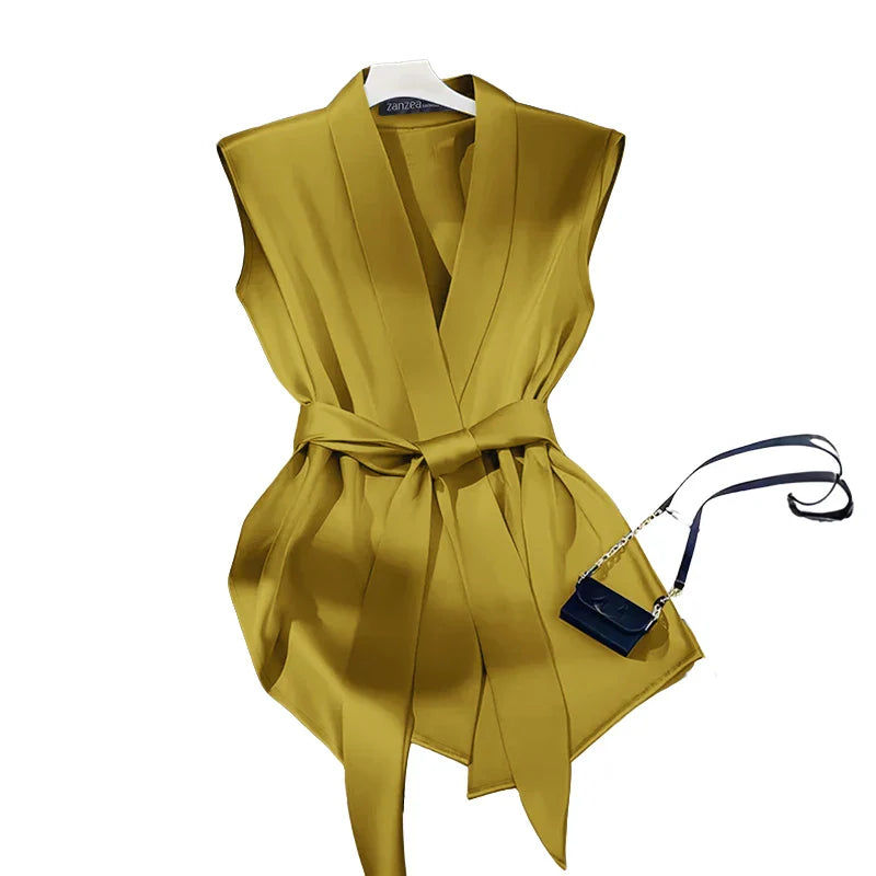 Women Shiny Satin Blouses Elegant Wrapped V-Neck Sleeveless Tops 2025 Summer Office Commuting Belted Party Blusas Mujer