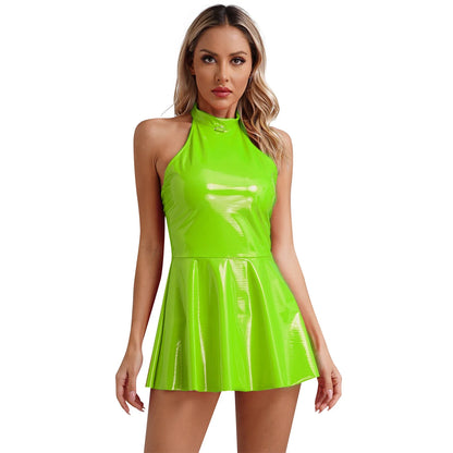 Glossy Patent Leather Glossy Mini A-Line Latex Dress for Womens Swing Skirt Skater Bodycon Mini Dress Rave Disco Party Clubwear