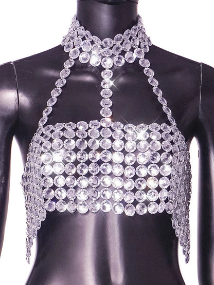 Silver Halter Tank Top Glitter Diamonds Bustier Tops Gorgeous Backless Metal Sequin Crop Top Club Vest Festival Outfits