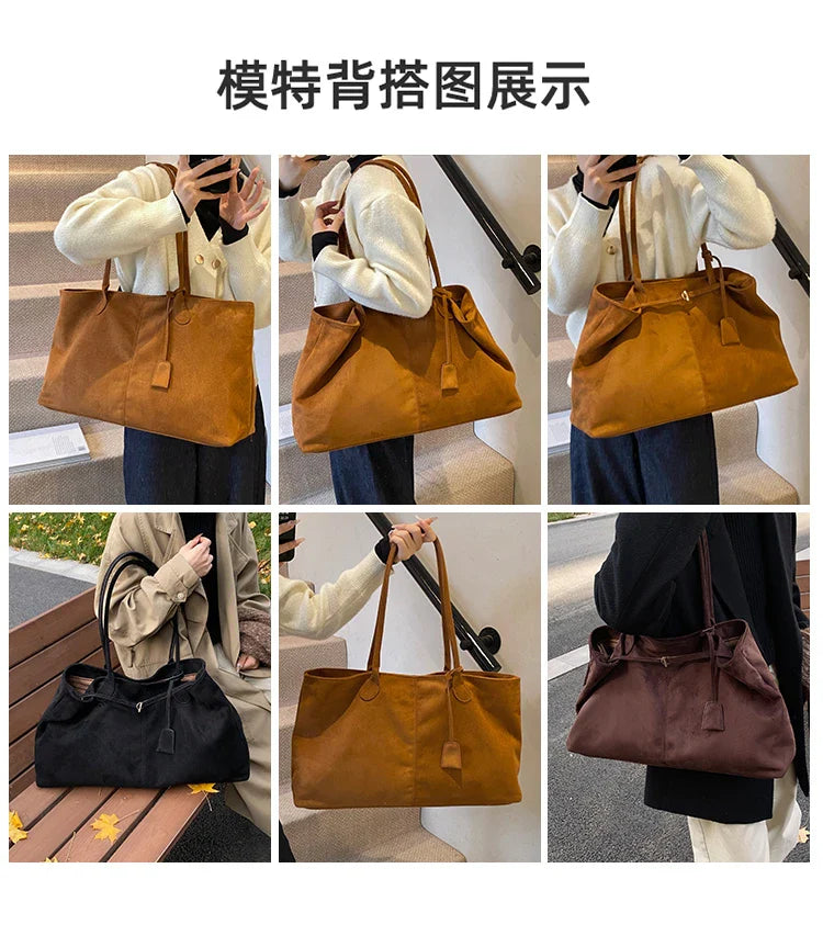 Velvet Zipper 2024 New Product Large Tote Bag Solid Large Capacity Popular Fashion Shoulder Bag Soft Simple Commuter Handbag