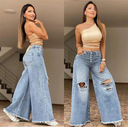 High Waist Retro Loose Hole Wide Leg Pants