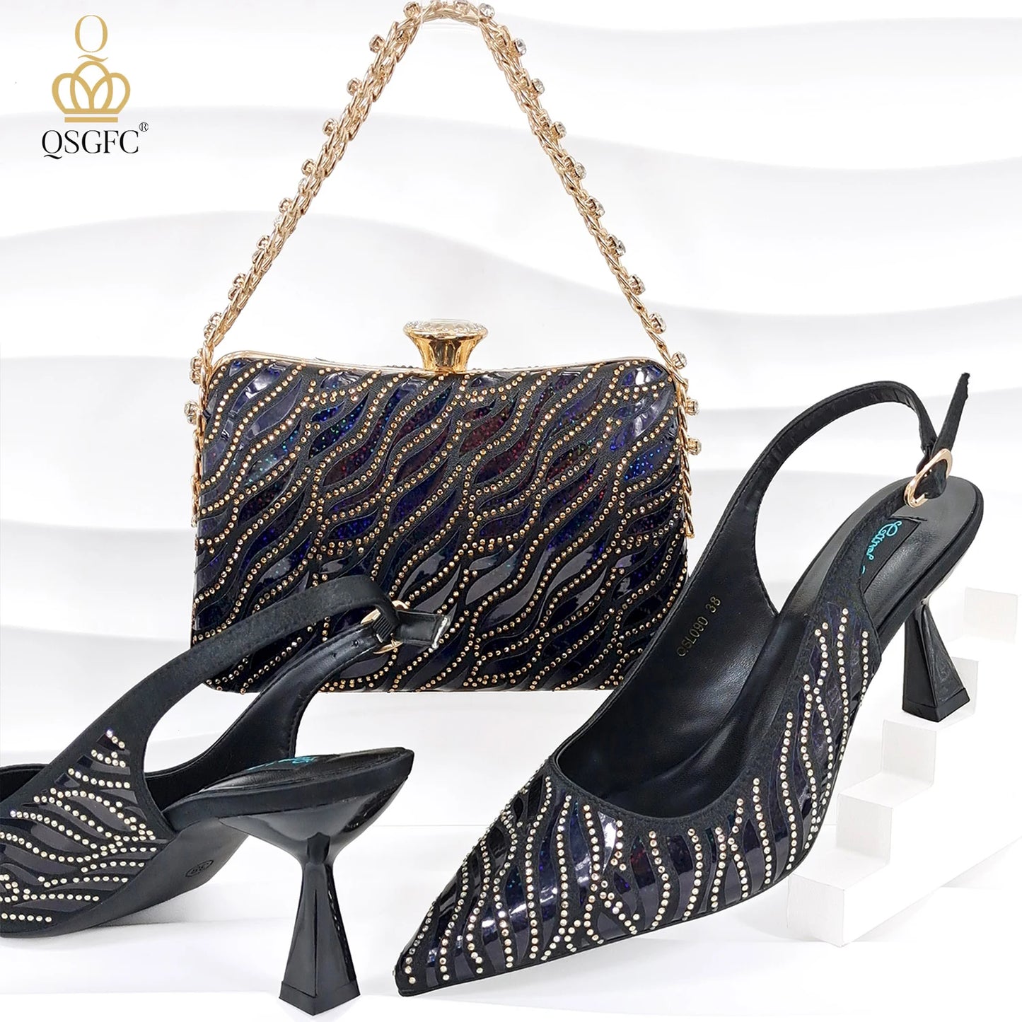 Fashion Shoes Matching Bag Set Royal Blue Color Decorated with Crystal Ladies Wedding Party Women High Heel