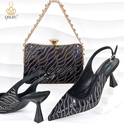 Fashion Shoes Matching Bag Set Royal Blue Color Decorated with Crystal Ladies Wedding Party Women High Heel