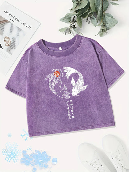 Casual Cotton Crop Tops Womens Japanese Koi Harajuku Prints Washed T-Shirts Street O-Neck Regular Fit Streetwear Sexy Clothes