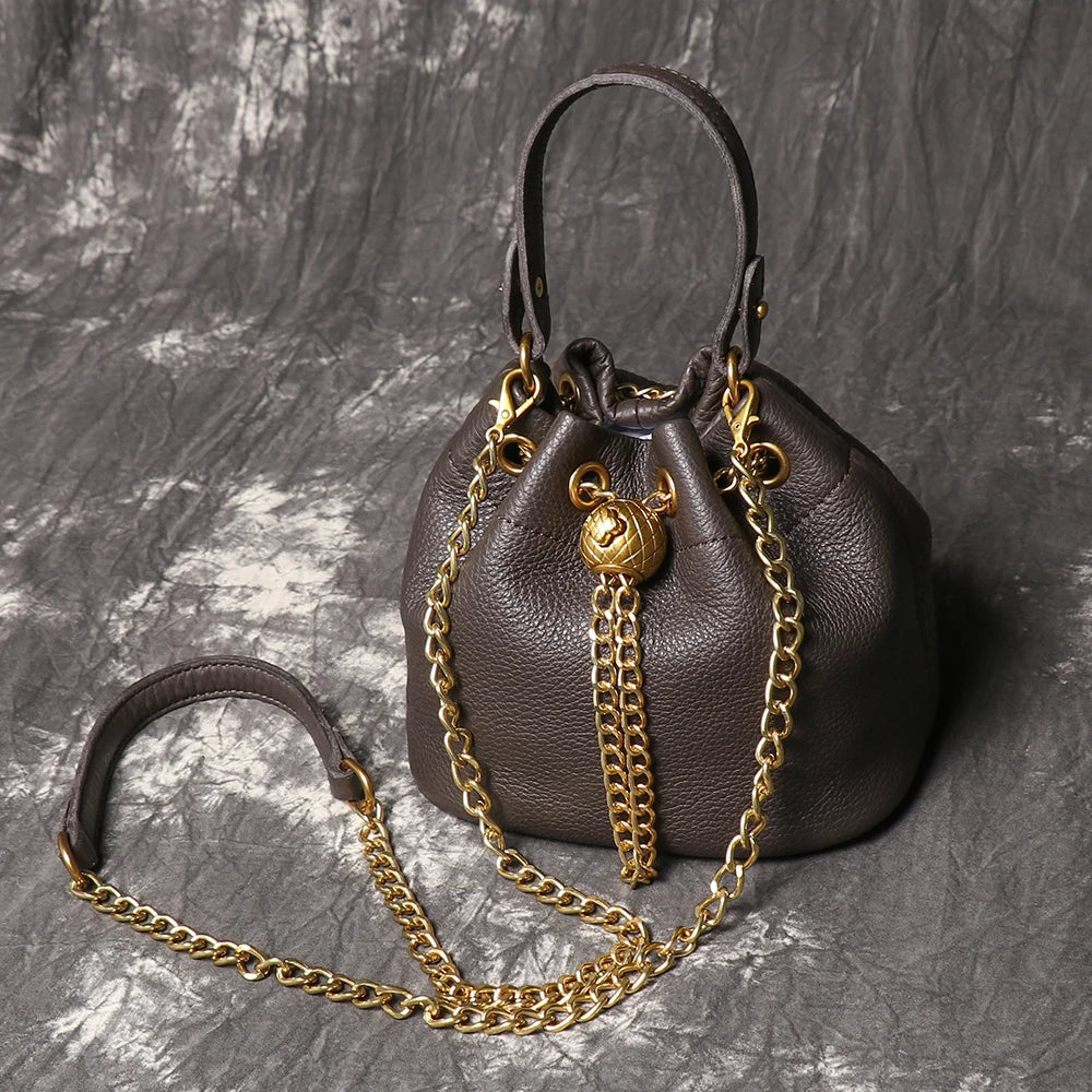 Metal Drawstring Versatile Women's Handbag Genuine Leather Chain Crossbody Bag Vintage Bucket Bag Mobile Phone Bag