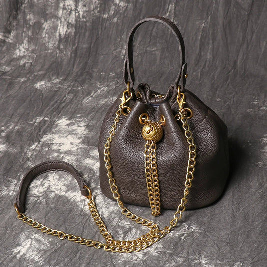 Metal Drawstring Versatile Women's Handbag Genuine Leather Chain Crossbody Bag Vintage Bucket Bag Mobile Phone Bag