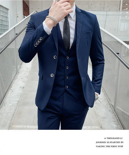 Solid Color Suit Men's Fashionable Gentleman Business Banquet Korean-style Formal Dress Casual Wedding (Blazer+Vest+Trousers)