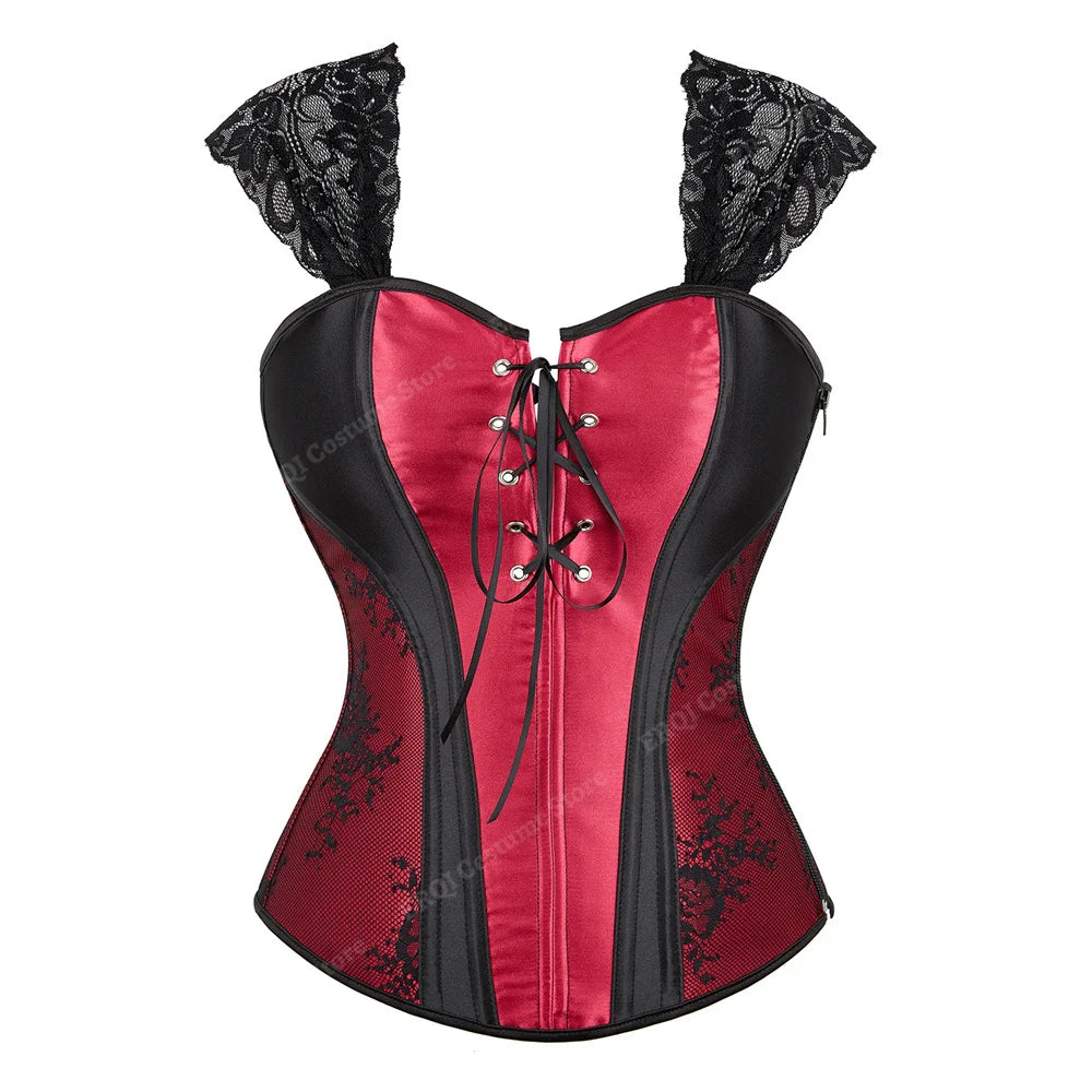 Overbust Corset Top with Straps Jacquard Corset Bustier Zipper Plus Size for Women Corset Dress with Skirt Black Red purple