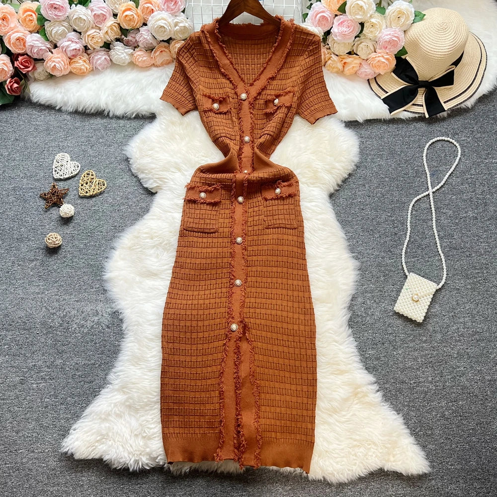 Fashion Sexy Package Hips Knitted Dress Women V-neck Single-breasted Bodycon Sweater Dress Office Lady Vestidos