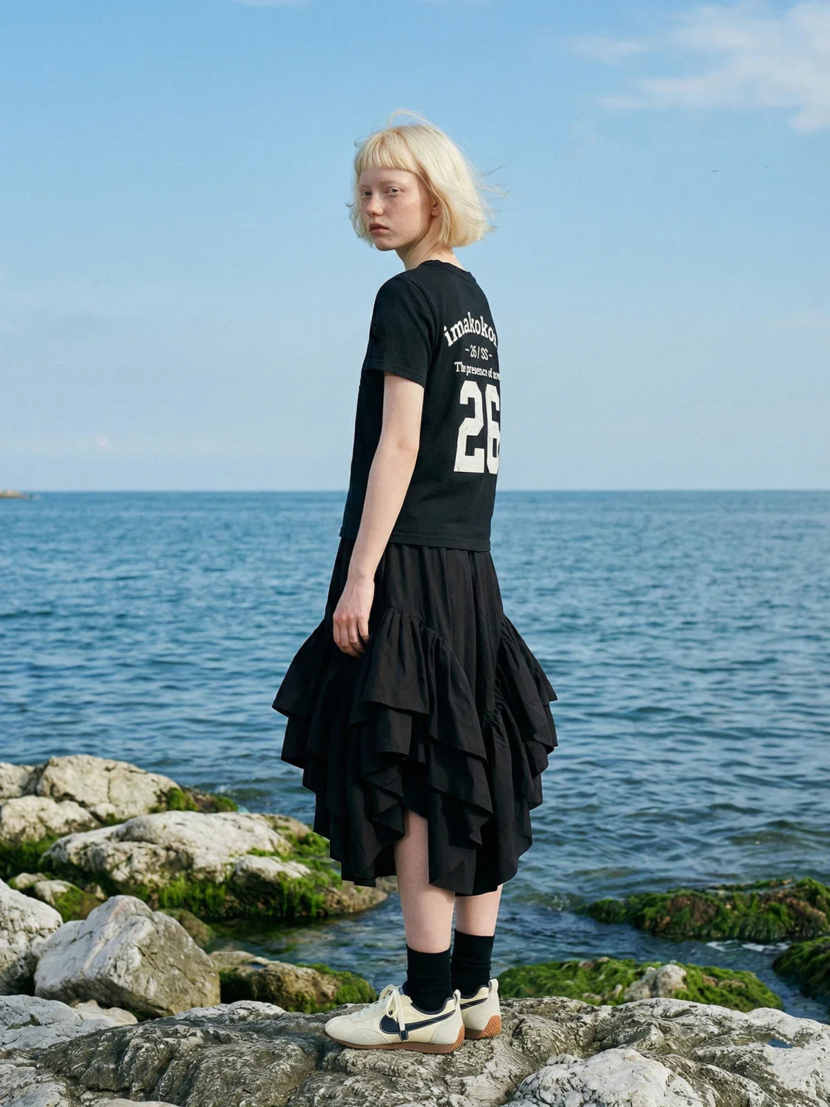 2026 Spring Forest High Waist Irregular Ruffle Edge Medium Long Dress Black Half Skirt Female 265401
