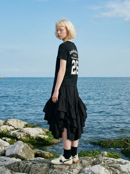 2026 Spring Forest High Waist Irregular Ruffle Edge Medium Long Dress Black Half Skirt Female 265401