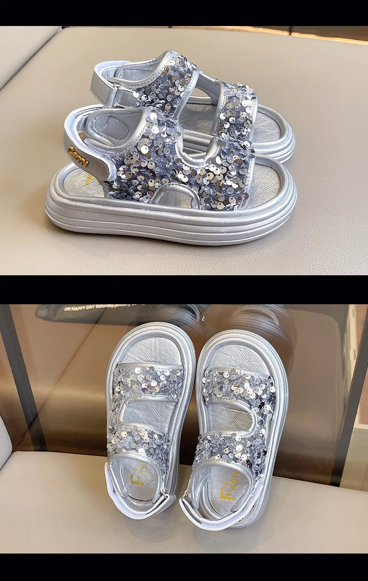 Summer Children's Sandals Sequins Thick Soled Girls Causal Princess Open-toe Sandals Fashion Non-slip Kids Beach Shoes Versatile