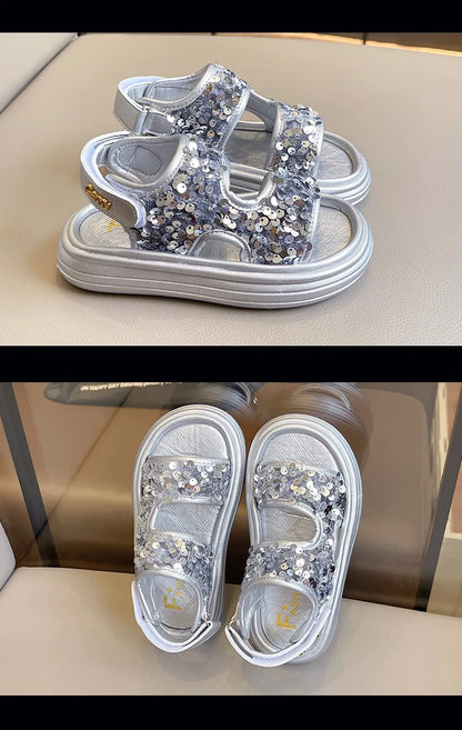 Summer Children's Sandals Sequins Thick Soled Girls Causal Princess Open-toe Sandals Fashion Non-slip Kids Beach Shoes Versatile