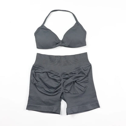 Scrunch Seamless Yoga Set Women Sportswear Ribbed Gym Shorts Strappy Sports Bra 2 Piece Set Halter Workout Clothes Fitness Suit