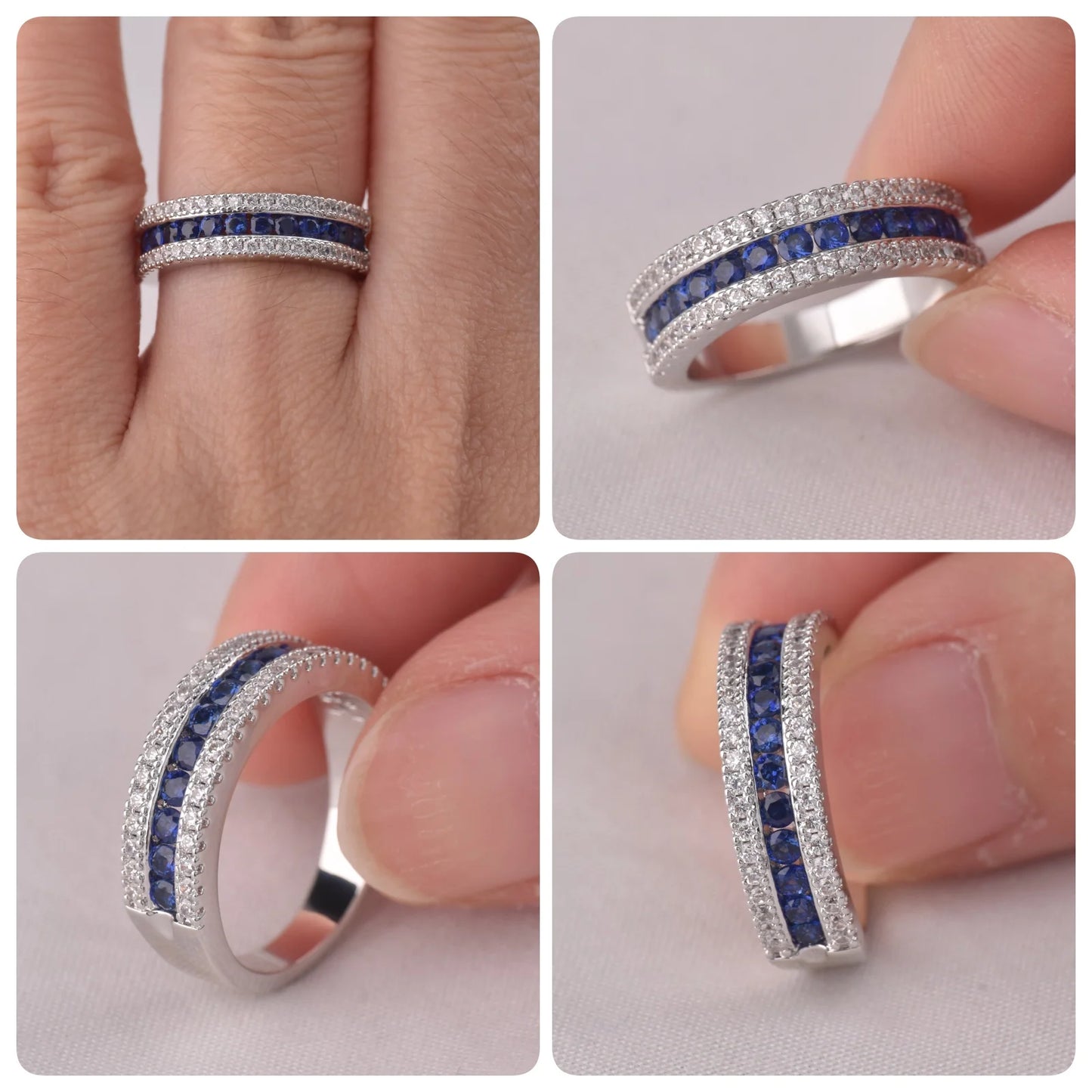 White and Blue Created Sapphire Rings for Women Half Eternity Wedding Band Cubic Zircon Party Ring