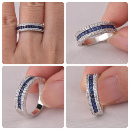 White and Blue Created Sapphire Rings for Women Half Eternity Wedding Band Cubic Zircon Party Ring