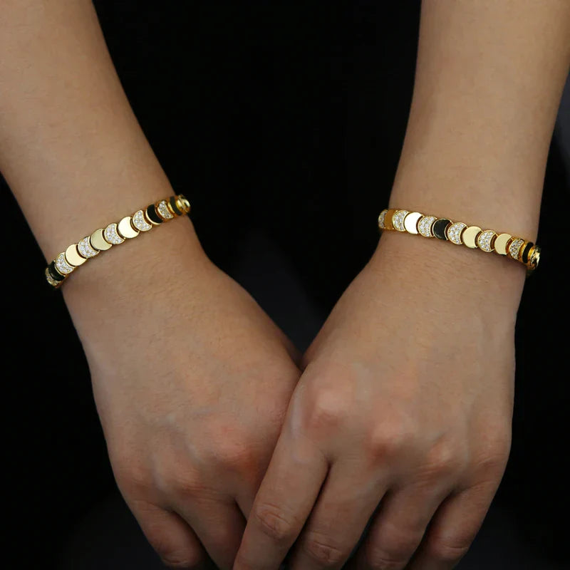 Gold Color Fashion Women Jewelry Set Geometric Shiny Plain Paved 5A CZ Moon Shaped Chain Choker Necklace Bracelet