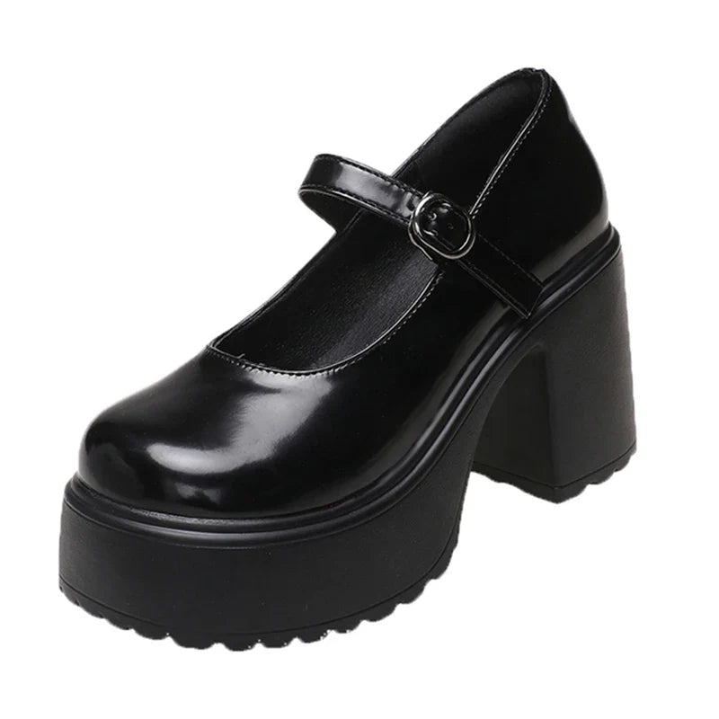 Black Super High Heels Mary Jane Shoes Women 2026 Goth Chunky Platform Pumps Woman Plus Size Ankle Buckle Party Lolita Shoes 42