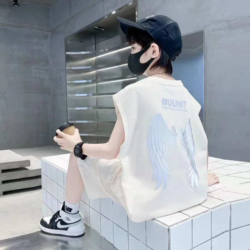 Big Child Cotton Summer Suit for Teens Boy Wing Print Cotton Tshirt + Shorts 2PCS Clothing Set Kids Adult Fashion Street Outfit