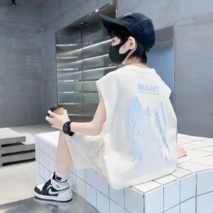 Big Child Cotton Summer Suit for Teens Boy Wing Print Cotton Tshirt + Shorts 2PCS Clothing Set Kids Adult Fashion Street Outfit