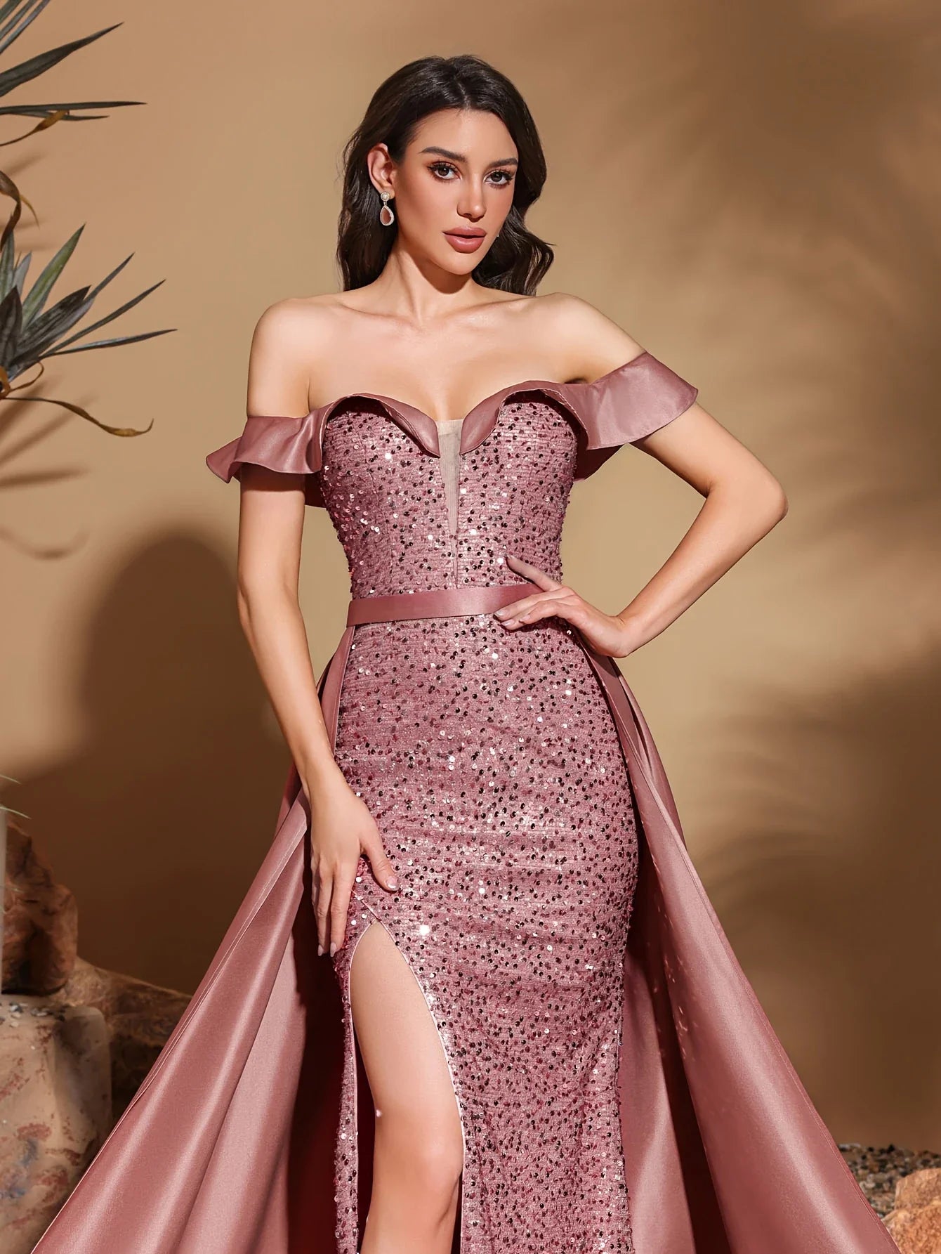 Sequined off-the-shoulder pleated collar satin floor-length dress