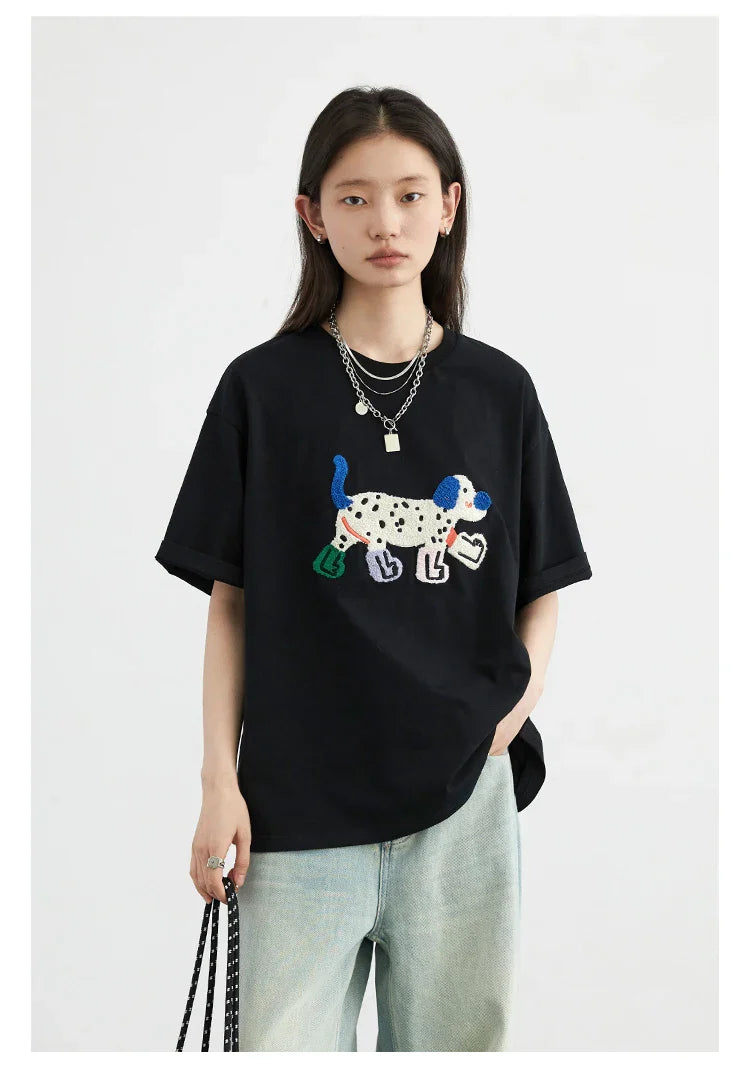 CHIC VEN Camisetas Femininas Soltas Streetwear Unissex Divertido Cão Bordado Manga Curta Algodão Blusas Menina Femininas Verão 2025