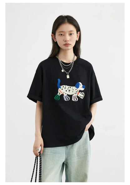 CHIC VEN Camisetas Femininas Soltas Streetwear Unissex Divertido Cão Bordado Manga Curta Algodão Blusas Menina Femininas Verão 2025
