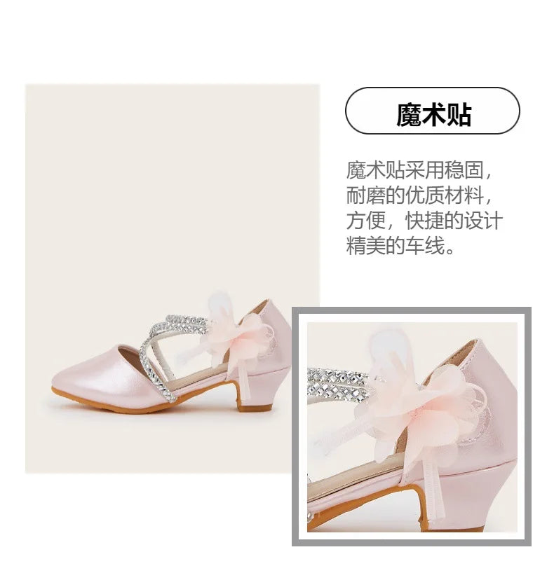 2025 Summer New Fashion Flower Girls' Princess Shoes Crystal Performance Children's Sandals Pointed Toe Children's High Heels