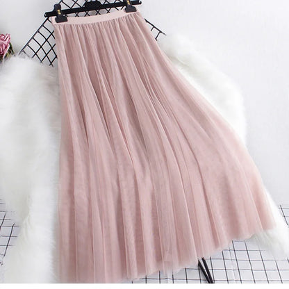 New large hem chiffon long skirt for women's Korean casual simple solid color three-layer A-line high waisted long skirt