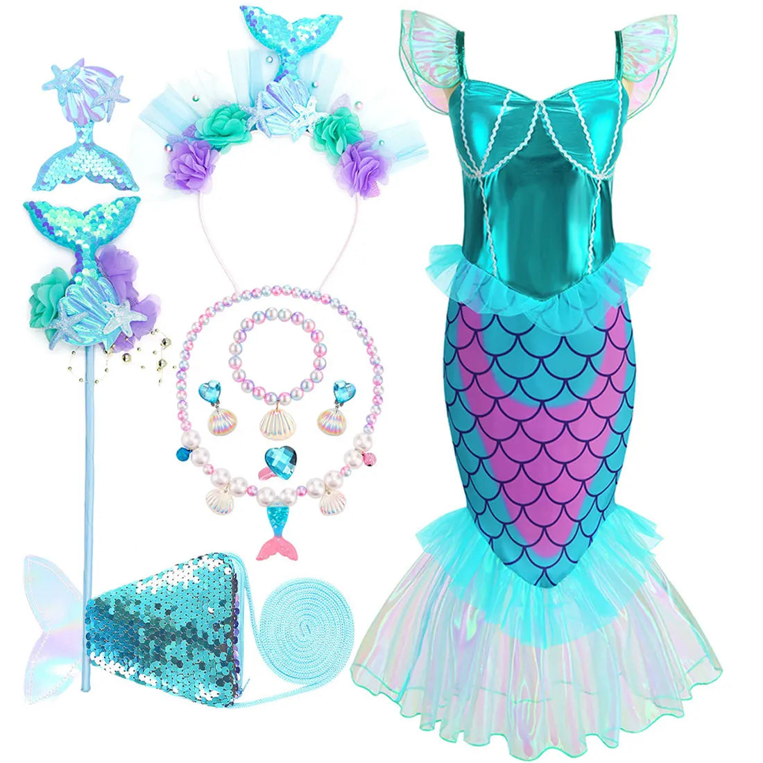 Blue Red Purple Three Colors Mermaid Flying Sleeve Fishtail Beautiful Dress For Girl Summer Beach Party Cool Swimsuit Set